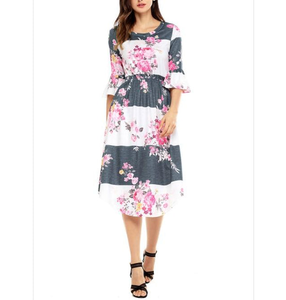 Bell Sleeve Print Midi Round Neck High Waist Summer Floral Dresses