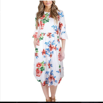 Bell Sleeve Print Knee Length Patchwork Floral Dresses