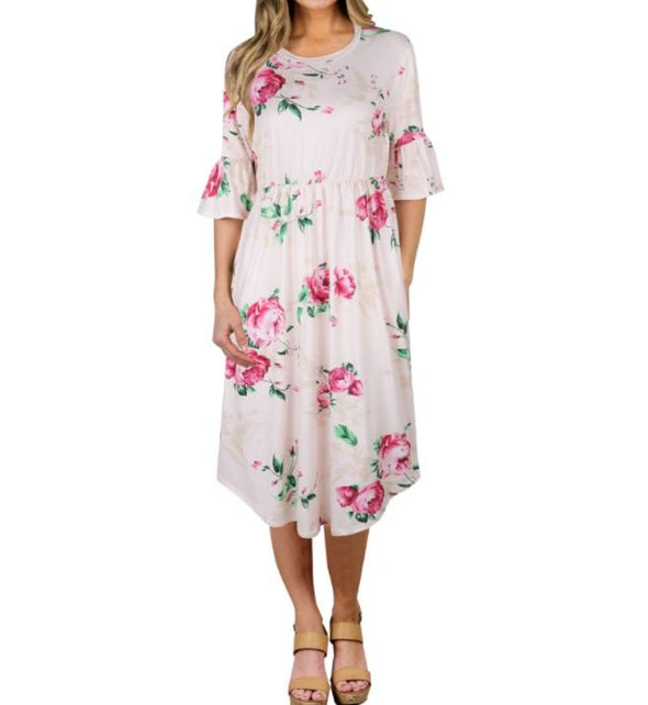 Bell Sleeve Print Knee Length Patchwork Floral Dresses