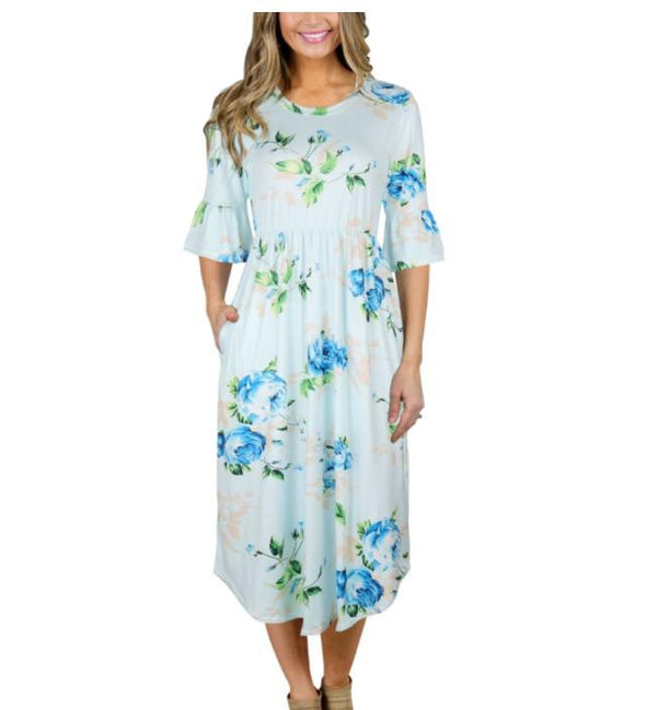 Bell Sleeve Print Knee Length Patchwork Floral Dresses