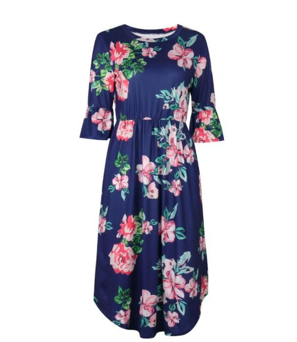 Bell Sleeve Print Knee Length Patchwork Floral Dresses