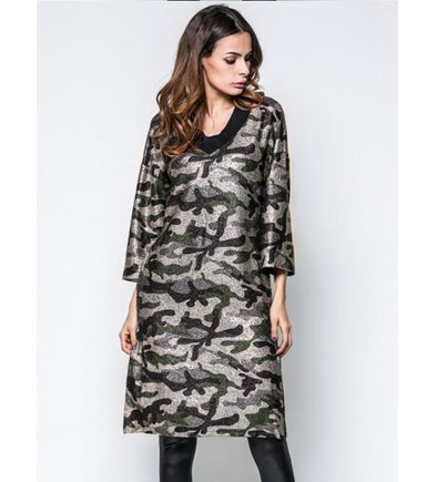 Camouflage V Neck Long Sleeve Shift Dresses