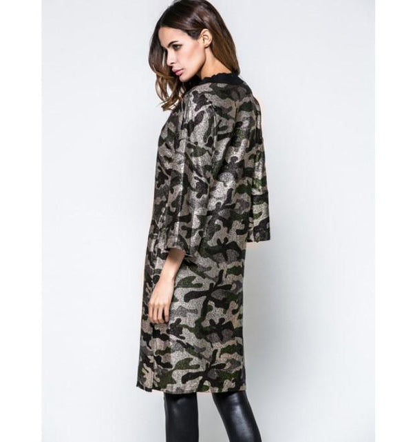 Camouflage V Neck Long Sleeve Shift Dresses