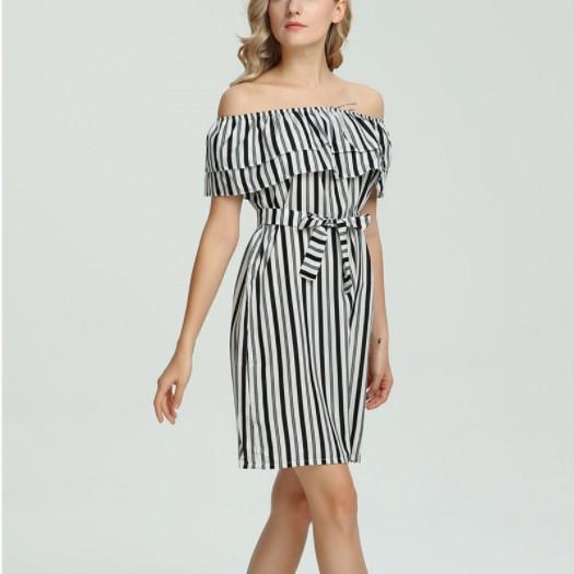 Bandage Off Shoulder Striped Vacation Shift Dress