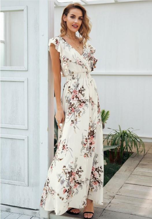 Bandage V Neck Elastic Waist Maxi Floral Dresses