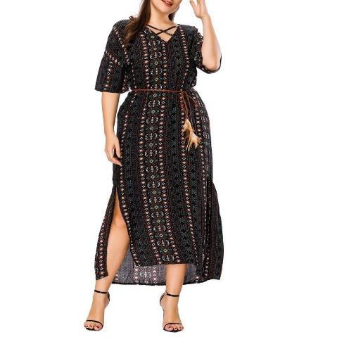 Cross Decorated V-neck Plus Size Maxi Dresses