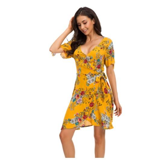 Bandage V Neck High Waist Floral Dresses