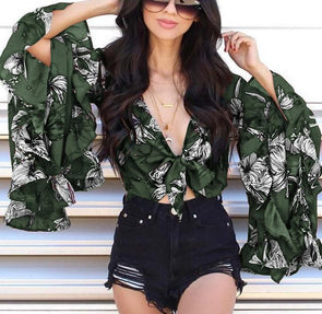 Bell Sleeve Flounced Print Irregular Midriff-baring Long Sleeve Tops