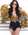 Bell Sleeve Flounced Print Irregular Midriff-baring Long Sleeve Tops