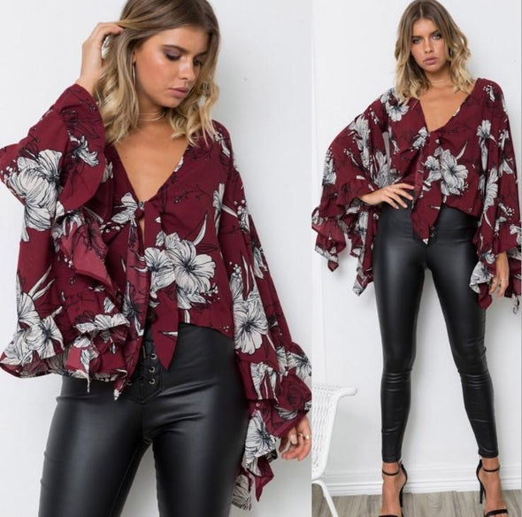 Bell Sleeve Flounced Print Irregular Midriff-baring Long Sleeve Tops