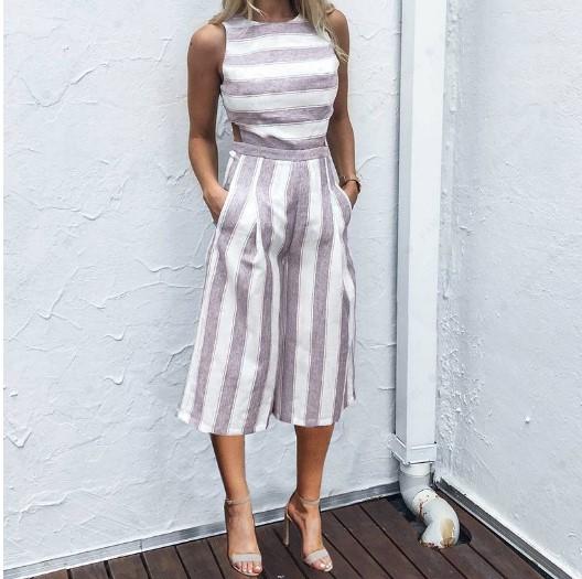 Cotton Stripes Sleeveless Jumpsuits