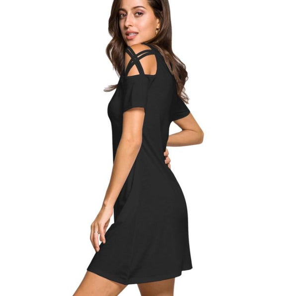 Cold Shoulder Short Sleeve Round Neck Vacation Dresses