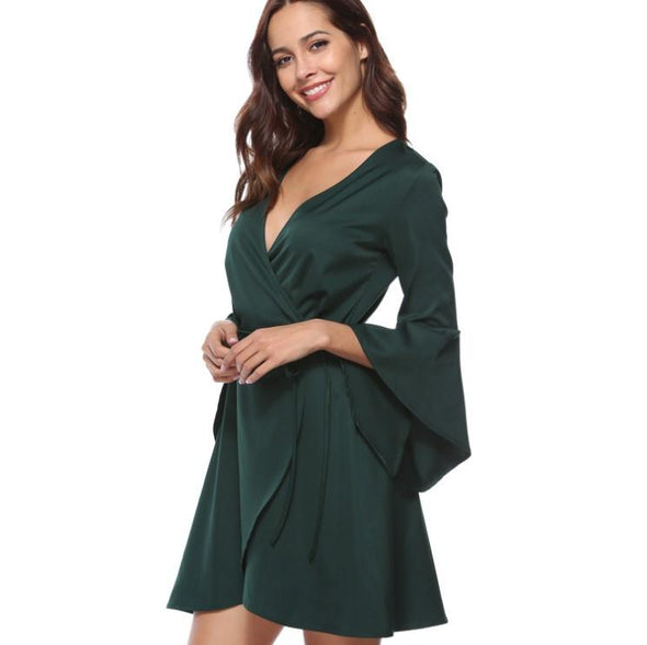 Bell Sleeve V Neck Bandage Vacation Dresses