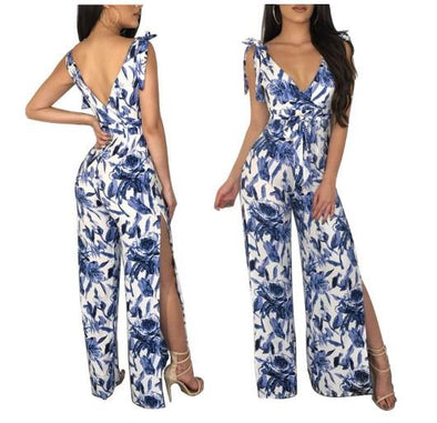 Bandage V-neck Print Split Jumpsuits