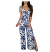 Bandage V-neck Print Split Jumpsuits