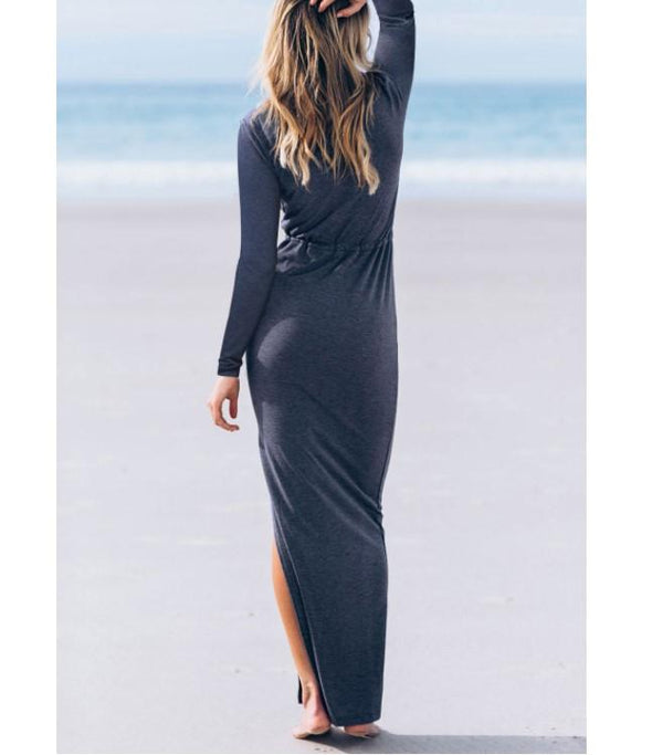 Bandage Split Long Sleeve Pure Color Maxi Dresses