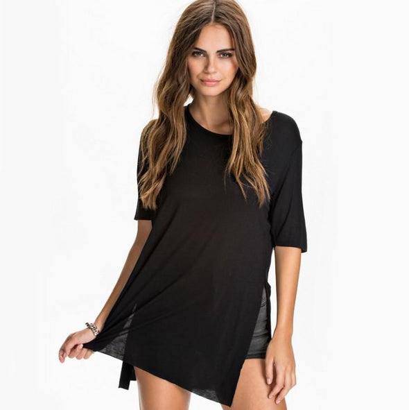 Casual Round Neck Spilt Solid Color Loose T-shirts