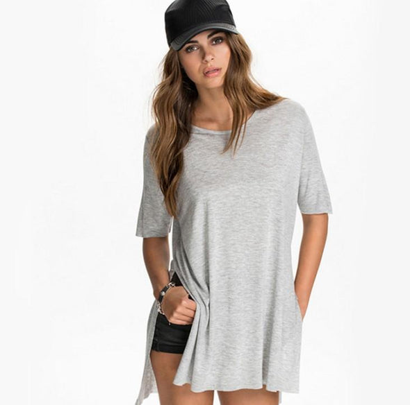 Casual Round Neck Spilt Solid Color Loose T-shirts