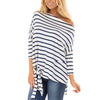 Casual Loose Stripe Bandage Dolman Sleeve Bevel Shoulder Long Sleeve T-shirts