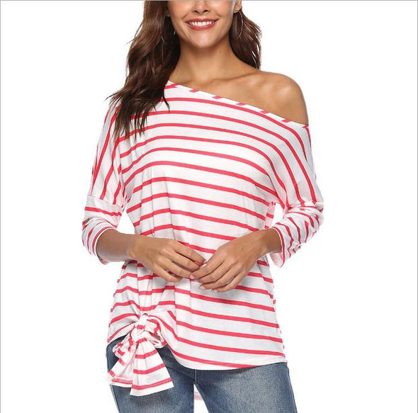 Casual Loose Stripe Bandage Dolman Sleeve Bevel Shoulder Long Sleeve T-shirts