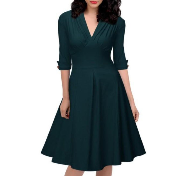 3/4 Sleeve V-Neck Pure Color Skater Dresses