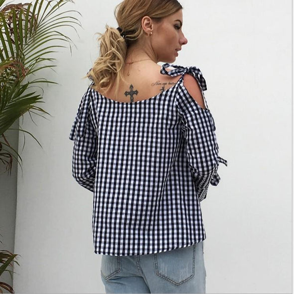 Check Bandage Bowknot Long Sleeve Shirt