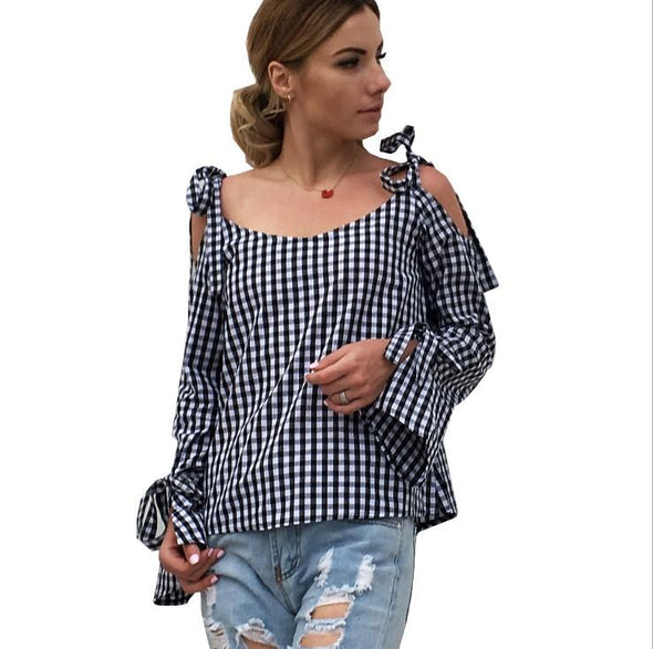 Check Bandage Bowknot Long Sleeve Shirt