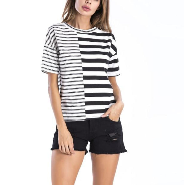 Casual Round Neck Stripe Loose Short Sleeve T-shirts