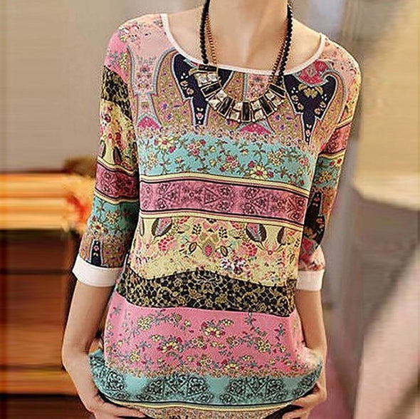 3/4  Sleeve Round Neck Print Short Sleeve T-shirts