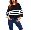 3/4  Sleeve Round Neck Black and White Stripe T-shirts