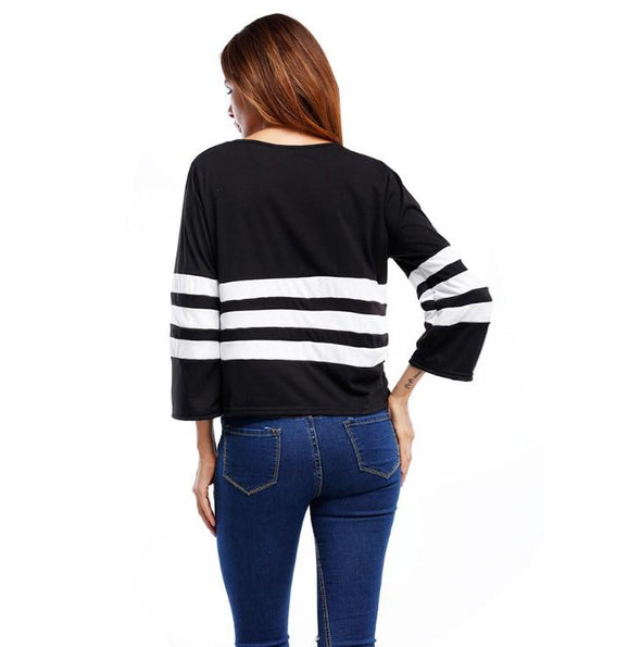 3/4  Sleeve Round Neck Black and White Stripe T-shirts