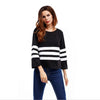 3/4  Sleeve Round Neck Black and White Stripe T-shirts