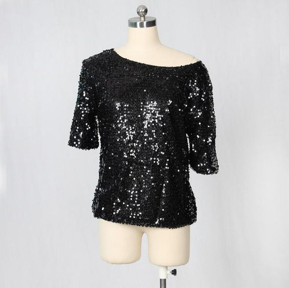 Bevel Shoulder Solid Color Sequins Short Sleeve T-shirts