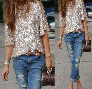 Casual 3/4  Sleeve Loose Sequins T-shirts