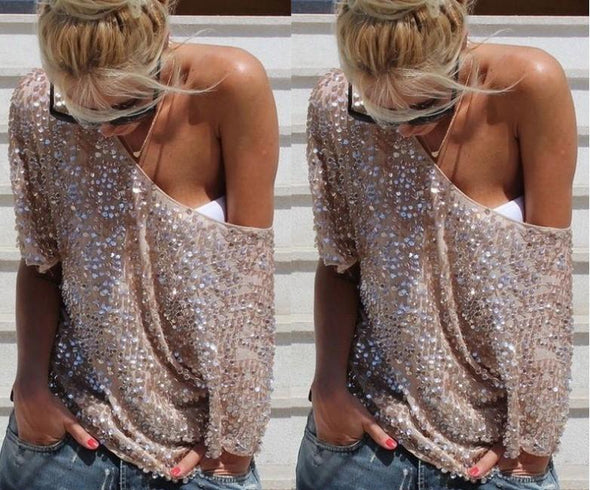 Casual 3/4  Sleeve Loose Sequins T-shirts