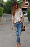 Casual 3/4  Sleeve Loose Sequins T-shirts