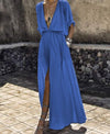 3/4 Sleeve Deep V-neck Split Plus Size Maxi Dresses