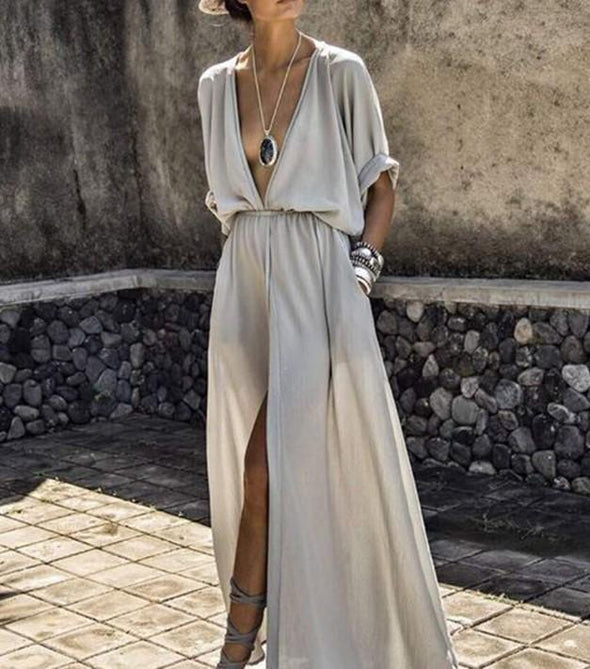 3/4 Sleeve Deep V-neck Split Plus Size Maxi Dresses