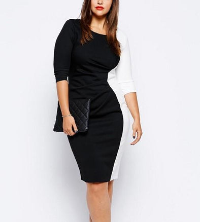 Colorblock 3/4 Sleeve Sexy Plus Size Bodycon Dresses