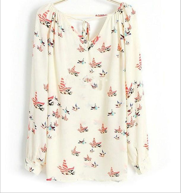 Colored Flying Pigeon Print Chiffon Long Sleeve Shirt