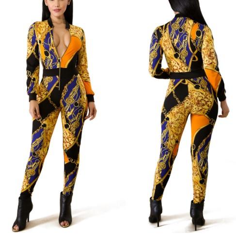 Chain Print Sexy Zipper Long Sleeve Jumpsuits