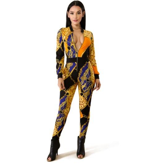 Chain Print Sexy Zipper Long Sleeve Jumpsuits