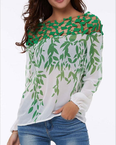 Chiffon Lace Openwork Print Off Shoulder Long Sleeve Tops