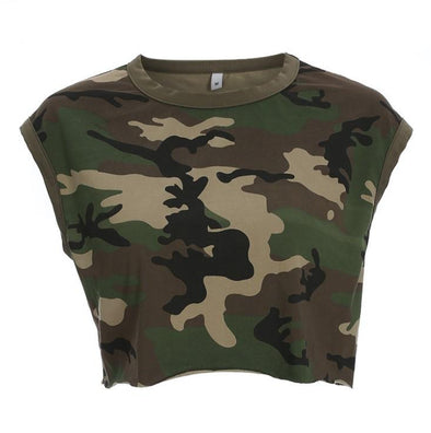 Camouflage Print Loose Sleeveless High Waist T-shirts