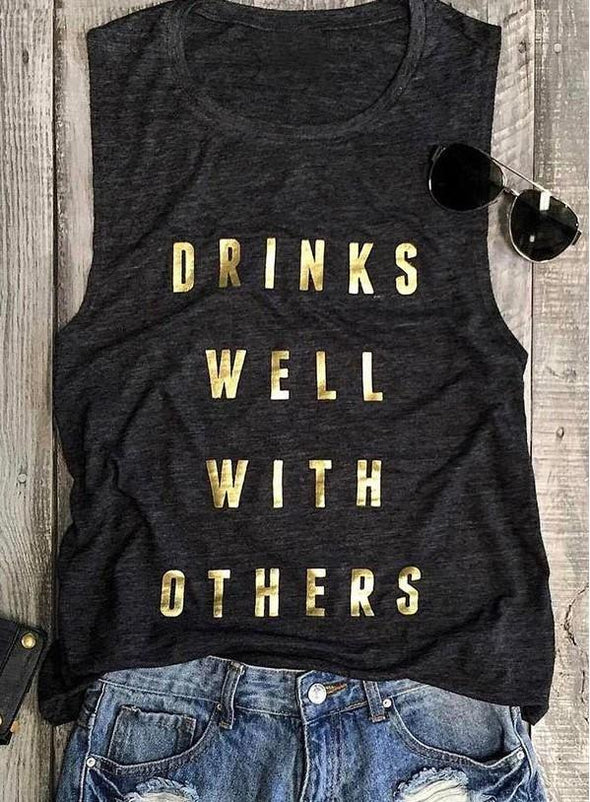 Casual Letter Print Round Neck Sleeveless Tops