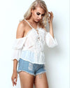 Chiffon Patchwork Spaghetti Straps V-Neck Strapless Shoulder Blouses