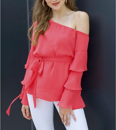 Chiffon Bandage Strapless Shoulder  Lotus Leaf Sleeve Blouses