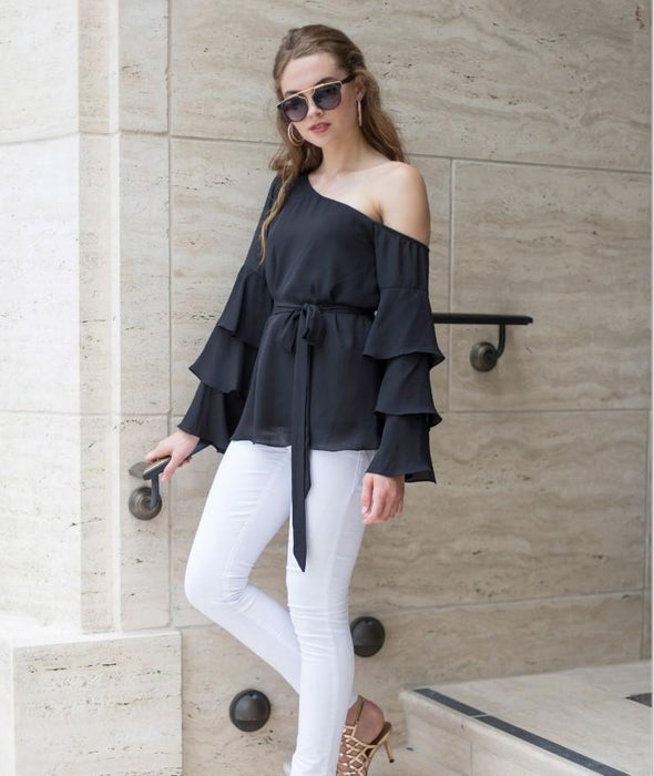 Chiffon Bandage Strapless Shoulder  Lotus Leaf Sleeve Blouses