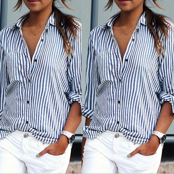 Casual Stripe Single-breasted Lapel Long Sleeve Shirt