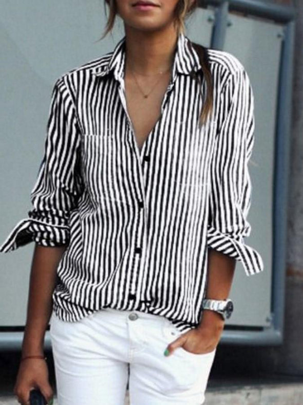 Casual Stripe Single-breasted Lapel Long Sleeve Shirt